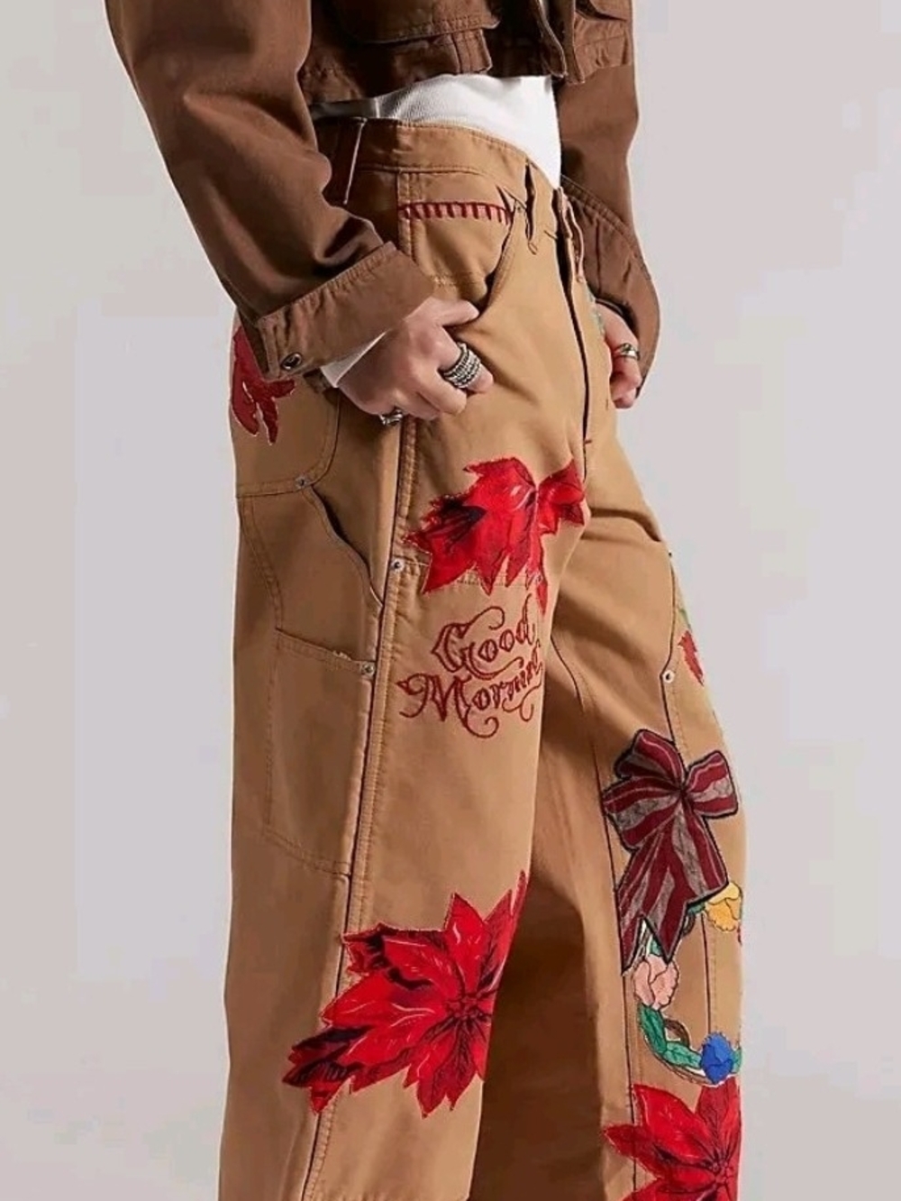 Free People "Bright Time Craft" Tan Embroidered Floral Wide-Leg Jeans - Picture 5 of 14